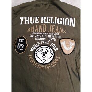 True Religion Logo Patch Tee T-Shirt Small Olive Green double sided